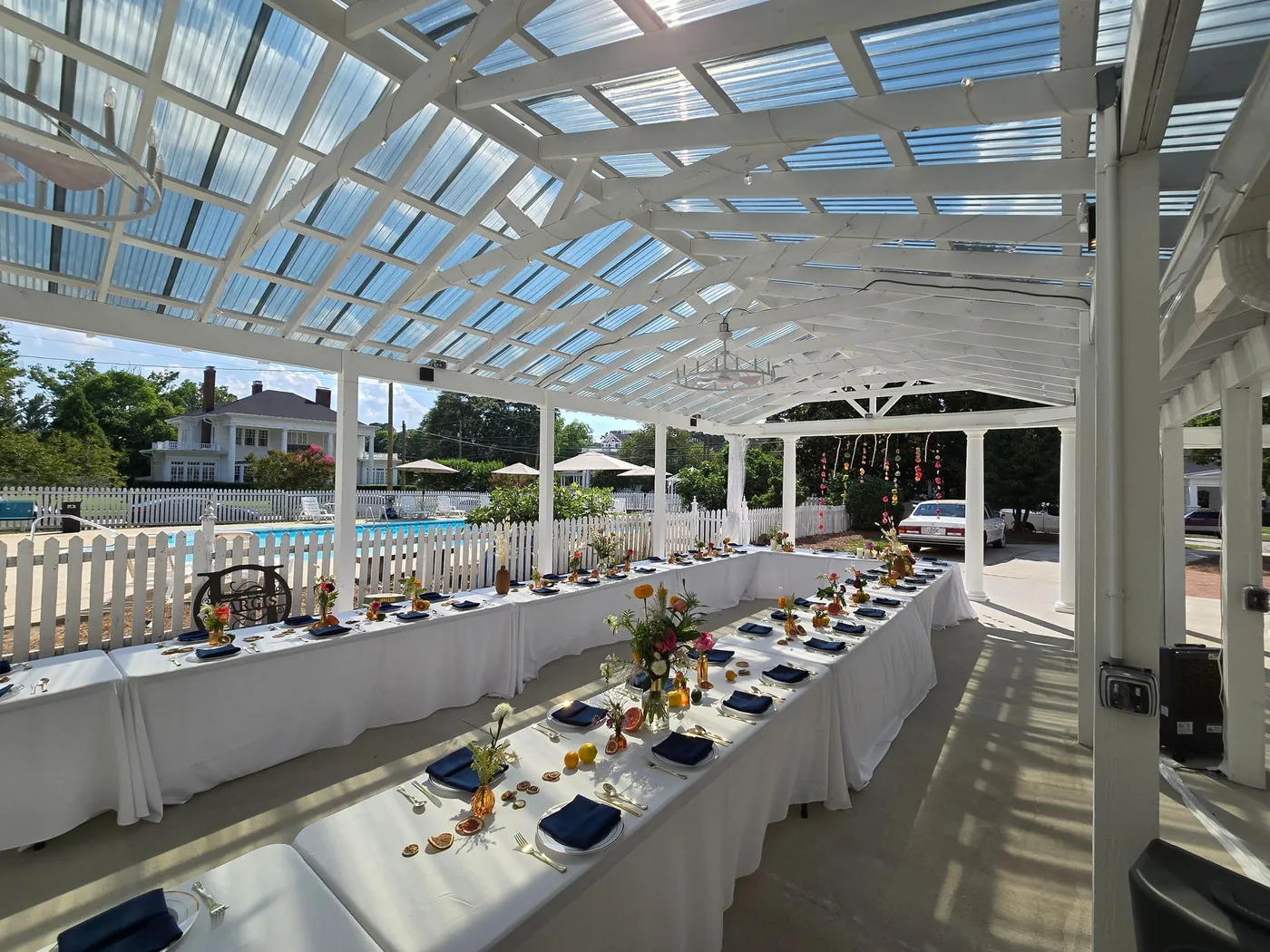 Covered pavilion set for an event at Simply Divine